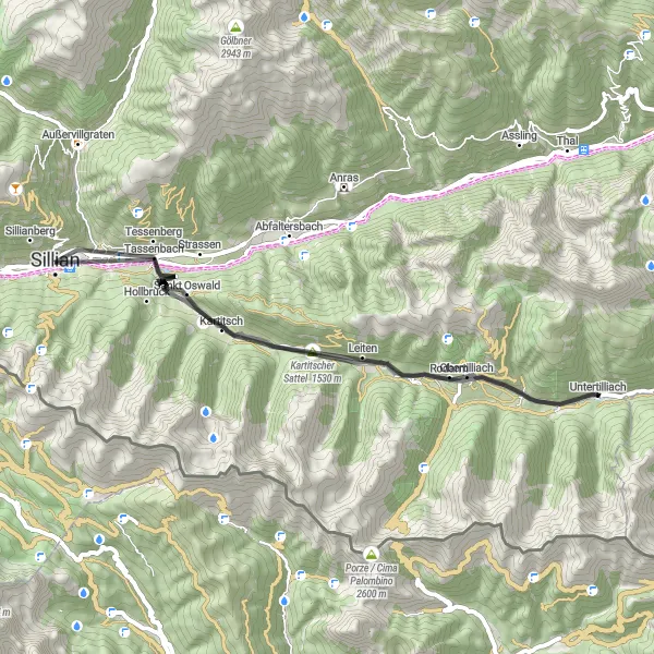 Miniaturekort af cykelinspirationen "Sillian - Heinfels Vejcykelrute" i Tirol, Austria. Genereret af Tarmacs.app cykelruteplanlægger