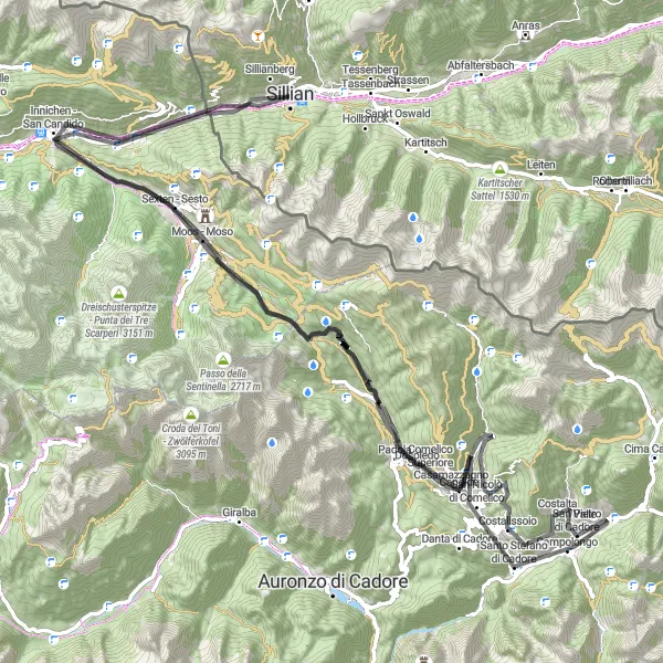 Miniatura della mappa di ispirazione al ciclismo "Sillian - Cortina d'Ampezzo Road Cycling Route" nella regione di Tirol, Austria. Generata da Tarmacs.app, pianificatore di rotte ciclistiche