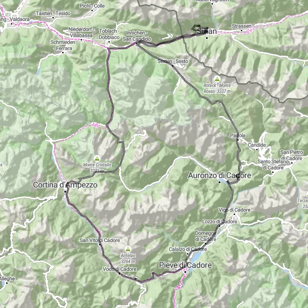 Miniaturní mapa "Výlet kolem Dolomit" inspirace pro cyklisty v oblasti Tirol, Austria. Vytvořeno pomocí plánovače tras Tarmacs.app