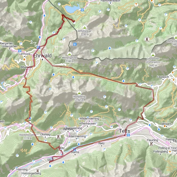 Zemljevid v pomanjšavi "Gravel route around Silz - Mötz, Holzleitensattel, Marienbergjoch, Biberwier, Oberleiten, Ehrwald, Issentalköpfl, Buchener Höhe, Pfaffenhofen, Stams, Sassberg" kolesarske inspiracije v Tirol, Austria. Generirano z načrtovalcem kolesarskih poti Tarmacs.app