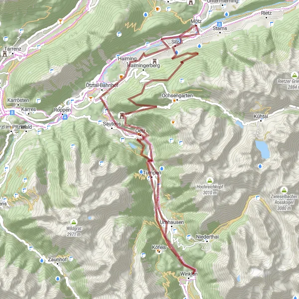 Miniatura della mappa di ispirazione al ciclismo "Percorso di Gravel attraverso Silzer Wasserfall & Hoher Bichl" nella regione di Tirol, Austria. Generata da Tarmacs.app, pianificatore di rotte ciclistiche