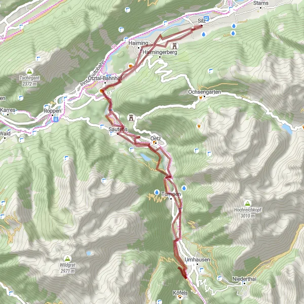 Kartminiatyr av "Naturutforskning fra Silz til Sautens" sykkelinspirasjon i Tirol, Austria. Generert av Tarmacs.app sykkelrutoplanlegger