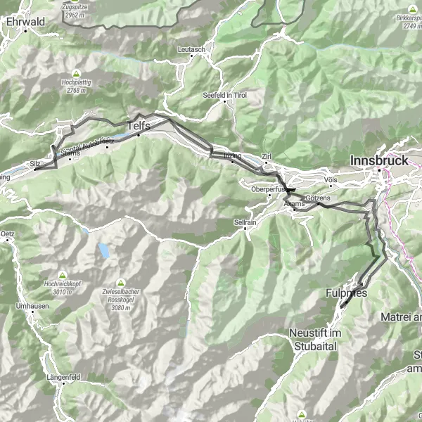 Mapa miniatúra "Cyklotrasa cez Telfs a Axams" cyklistická inšpirácia v Tirol, Austria. Vygenerované cyklistickým plánovačom trás Tarmacs.app