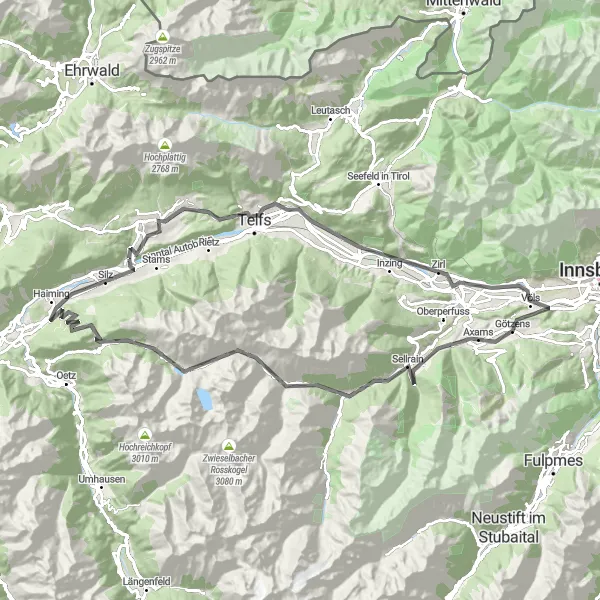 Zemljevid v pomanjšavi "Potovalna kolesarska pot okoli Silza" kolesarske inspiracije v Tirol, Austria. Generirano z načrtovalcem kolesarskih poti Tarmacs.app