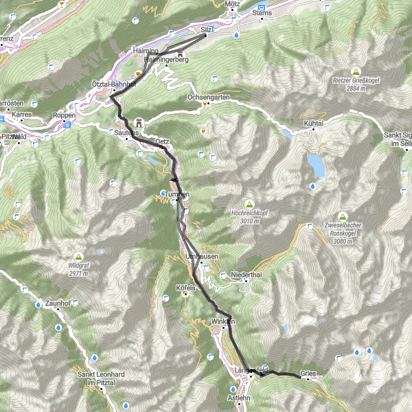 Miniatua del mapa de inspiración ciclista "Ruta Escénica por Oetz y alrededores" en Tirol, Austria. Generado por Tarmacs.app planificador de rutas ciclistas