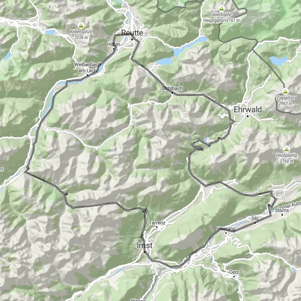 Zemljevid v pomanjšavi "Road route around Silz - Erdpyramiden, Karres, Hahntennjoch, Pfafflar, Baichlstein, Forchach, Kuhbichl, Reutte, Kohlberg, Biberwier, Holzleitensattel, Obsteig, Mötz" kolesarske inspiracije v Tirol, Austria. Generirano z načrtovalcem kolesarskih poti Tarmacs.app