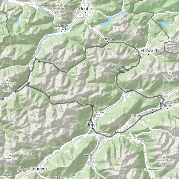 Miniatua del mapa de inspiración ciclista "Ruta de Aventura por Hahntennjoch y Nassereith" en Tirol, Austria. Generado por Tarmacs.app planificador de rutas ciclistas