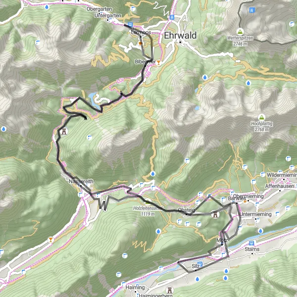 Mapa miniatúra "Okruhová jazda zo Silzu - horské cesty" cyklistická inšpirácia v Tirol, Austria. Vygenerované cyklistickým plánovačom trás Tarmacs.app