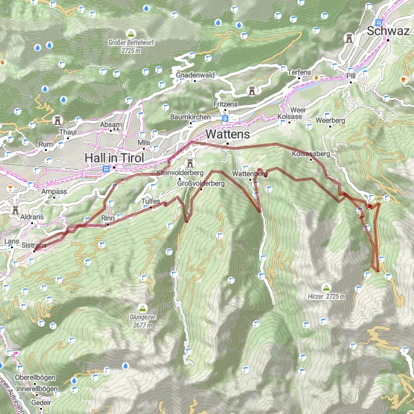 Mapa miniatúra "Wattens Adventure Ride" cyklistická inšpirácia v Tirol, Austria. Vygenerované cyklistickým plánovačom trás Tarmacs.app