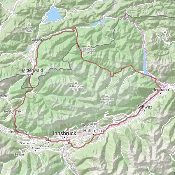 Kartminiatyr av "Episk Grustur fra Innsbruck til Mittenwald" sykkelinspirasjon i Tirol, Austria. Generert av Tarmacs.app sykkelrutoplanlegger