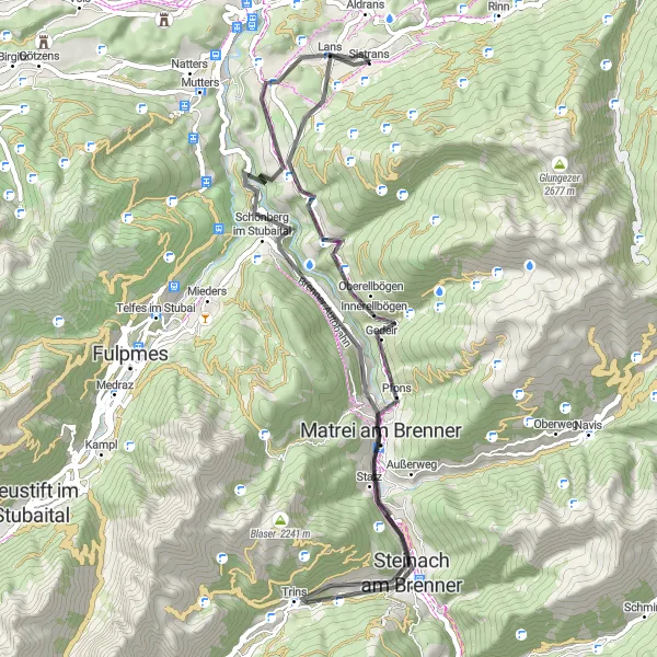 Miniatura della mappa di ispirazione al ciclismo "Scoperta della Valle del Brennero" nella regione di Tirol, Austria. Generata da Tarmacs.app, pianificatore di rotte ciclistiche