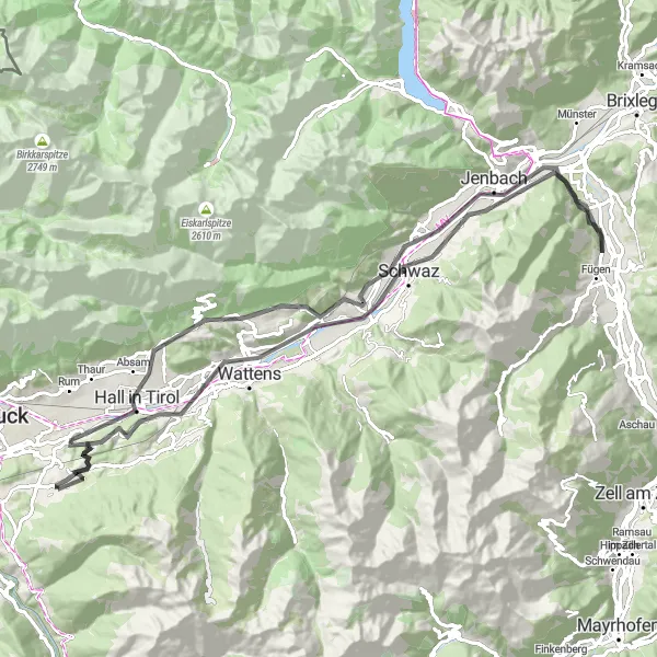 Miniatura della mappa di ispirazione al ciclismo "Scoperta delle Alpi in bici da strada" nella regione di Tirol, Austria. Generata da Tarmacs.app, pianificatore di rotte ciclistiche