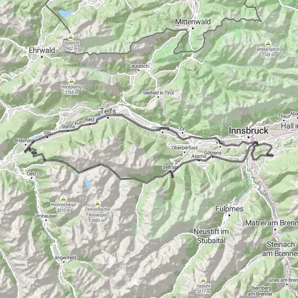 Karttaminiaatyyri "Kühtai Loop Road Cycling Route" pyöräilyinspiraatiosta alueella Tirol, Austria. Luotu Tarmacs.app pyöräilyreittisuunnittelijalla