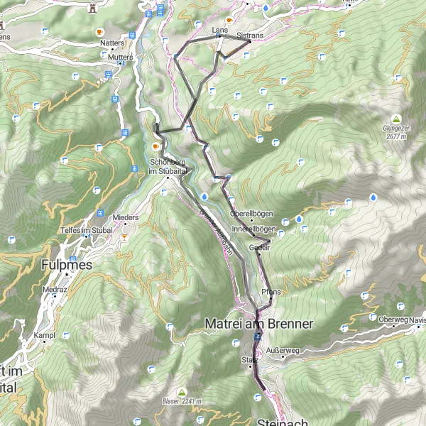 Kartminiatyr av "Sistrans - Innerellbögen - Schönberg im Stubaital - Vill - Lanser Kopf" cykelinspiration i Tirol, Austria. Genererad av Tarmacs.app cykelruttplanerare