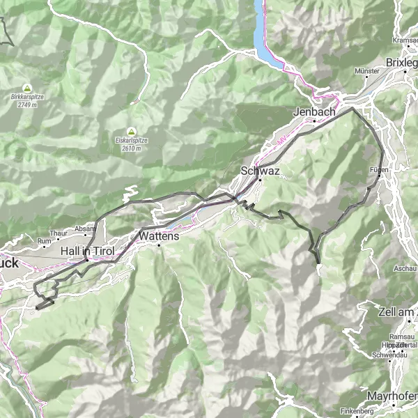 Miniatura della mappa di ispirazione al ciclismo "Avventura tra monti e valli" nella regione di Tirol, Austria. Generata da Tarmacs.app, pianificatore di rotte ciclistiche