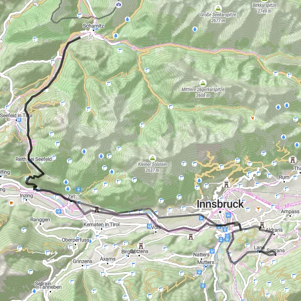 Miniaturní mapa "Sistrans - Bergisel - Zirler Berg - Besucherterasse" inspirace pro cyklisty v oblasti Tirol, Austria. Vytvořeno pomocí plánovače tras Tarmacs.app