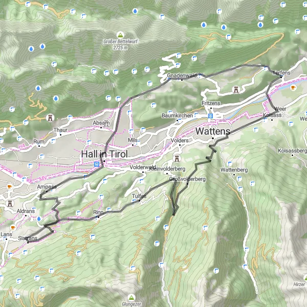 Miniatura della mappa di ispirazione al ciclismo "Esplorazione tra montagne e valli" nella regione di Tirol, Austria. Generata da Tarmacs.app, pianificatore di rotte ciclistiche