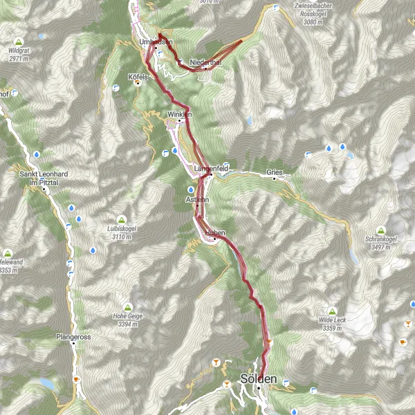 Mapa miniatúra "Sölden - Sölden via Stuibenfall" cyklistická inšpirácia v Tirol, Austria. Vygenerované cyklistickým plánovačom trás Tarmacs.app