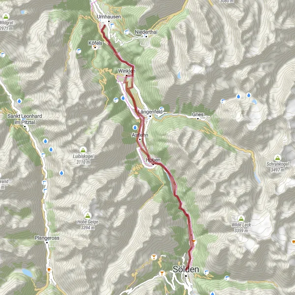 Karttaminiaatyyri "Gravel-pyöräreitti kultaisen Kaisersin kautta Söldeniin" pyöräilyinspiraatiosta alueella Tirol, Austria. Luotu Tarmacs.app pyöräilyreittisuunnittelijalla