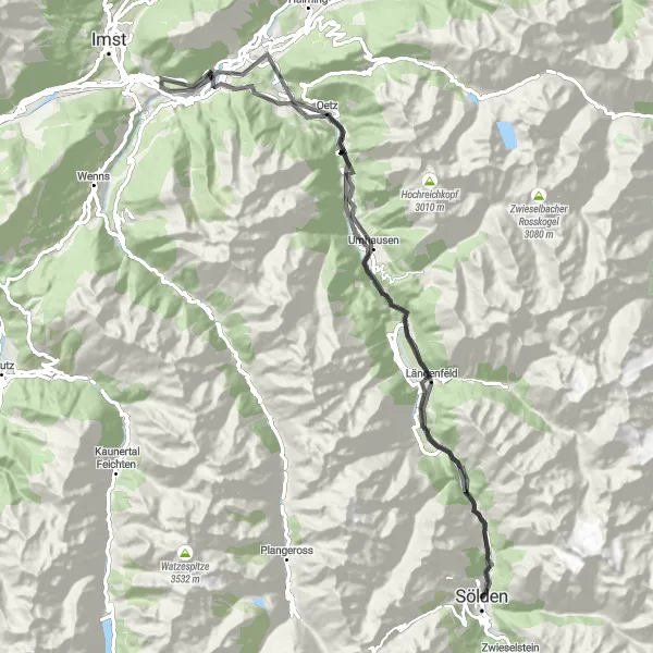 Kartminiatyr av "Sölden - Längenfeld - Oetz - Hexenplatte - Karres - Kanzel - Östen - Sölden" sykkelinspirasjon i Tirol, Austria. Generert av Tarmacs.app sykkelrutoplanlegger