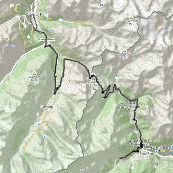Miniatua del mapa de inspiración ciclista "Desafío a través del Passo del Rombo y Timmelsjoch" en Tirol, Austria. Generado por Tarmacs.app planificador de rutas ciclistas