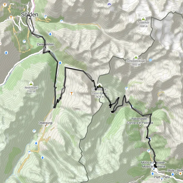 Miniatua del mapa de inspiración ciclista "Circuito desafiante a través de Passo del Rombo y Timmelsjoch" en Tirol, Austria. Generado por Tarmacs.app planificador de rutas ciclistas