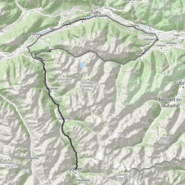 Miniatua del mapa de inspiración ciclista "Ruta de las Brujas" en Tirol, Austria. Generado por Tarmacs.app planificador de rutas ciclistas