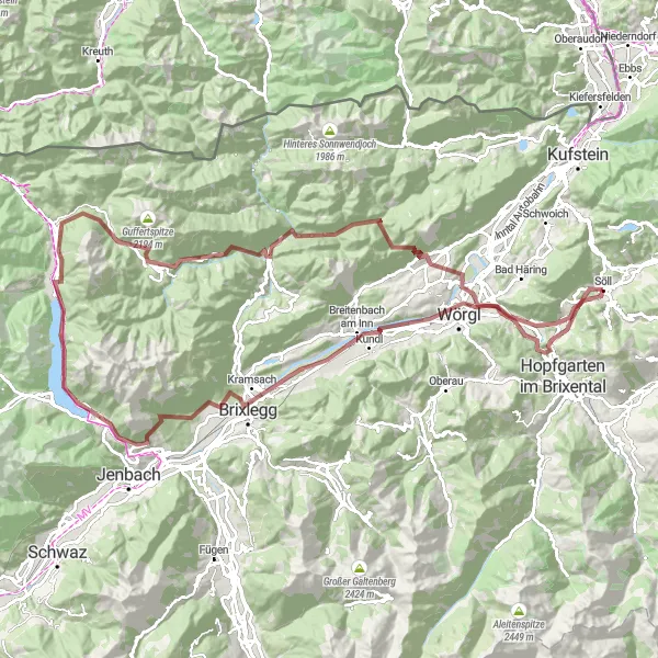 Miniatura della mappa di ispirazione al ciclismo "Tour ciclistico tra Wörgl e Bayrischzell" nella regione di Tirol, Austria. Generata da Tarmacs.app, pianificatore di rotte ciclistiche