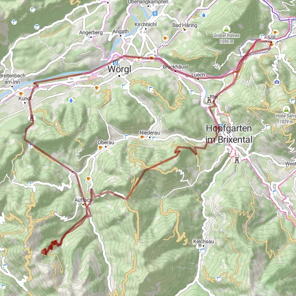 Miniature de la carte de l'inspiration cycliste "Défi cycliste autour de Söll" dans la Tirol, Austria. Générée par le planificateur d'itinéraire cycliste Tarmacs.app