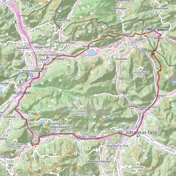 Miniatura della mappa di ispirazione al ciclismo "Tour in bicicletta da Söll a Ellmau" nella regione di Tirol, Austria. Generata da Tarmacs.app, pianificatore di rotte ciclistiche