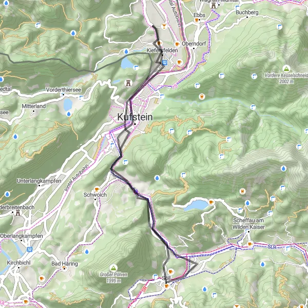 Miniature de la carte de l'inspiration cycliste "Tour panoramique de Söll à Kufstein" dans la Tirol, Austria. Générée par le planificateur d'itinéraire cycliste Tarmacs.app