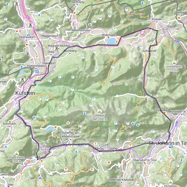 Mapa miniatúra "Výzva pre cyklistov okolo Söllu" cyklistická inšpirácia v Tirol, Austria. Vygenerované cyklistickým plánovačom trás Tarmacs.app