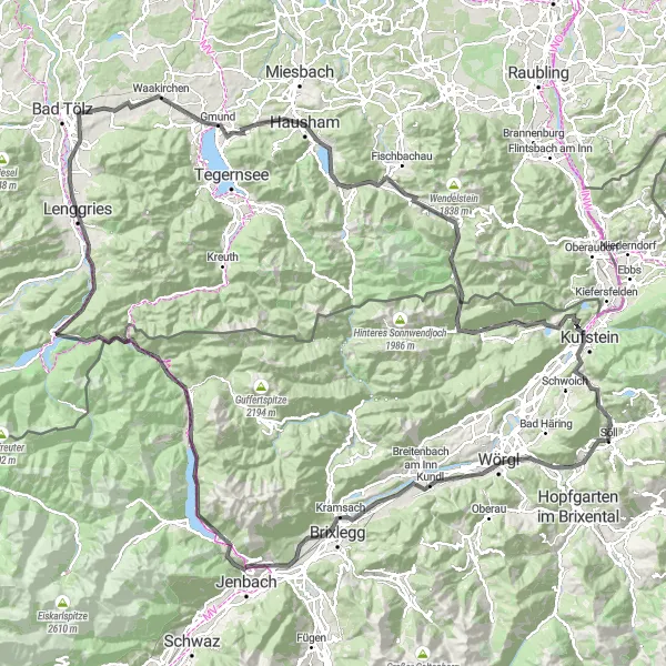 Miniature de la carte de l'inspiration cycliste "Aventure Cycliste à travers les Alpes Tyroliennes et Bavaroises" dans la Tirol, Austria. Générée par le planificateur d'itinéraire cycliste Tarmacs.app