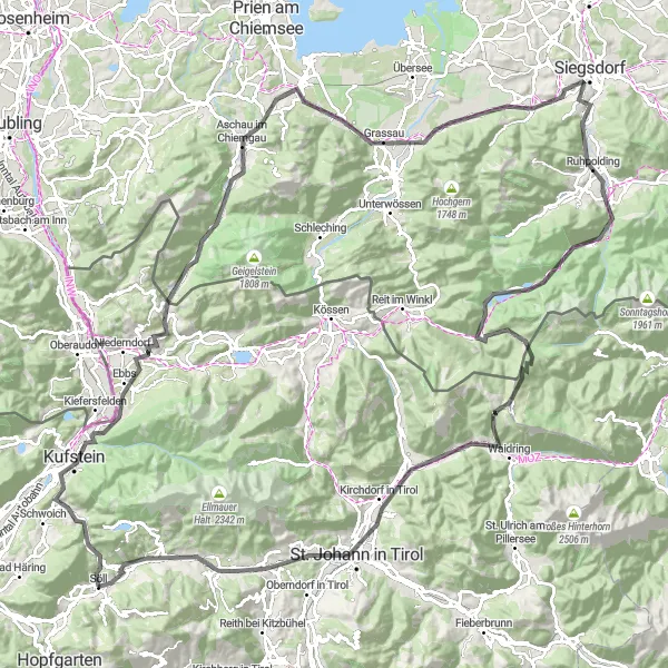 Miniatura della mappa di ispirazione al ciclismo "Il giro del Tirolo da Söll" nella regione di Tirol, Austria. Generata da Tarmacs.app, pianificatore di rotte ciclistiche