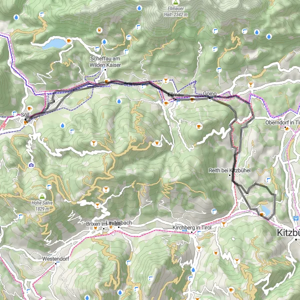 Miniatua del mapa de inspiración ciclista "Ruta por carretera a través de Söll y sus alrededores" en Tirol, Austria. Generado por Tarmacs.app planificador de rutas ciclistas