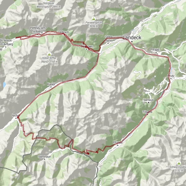 Kartminiatyr av "Alpine Utforskning: Prutz til Pettneu am Arlberg" sykkelinspirasjon i Tirol, Austria. Generert av Tarmacs.app sykkelrutoplanlegger