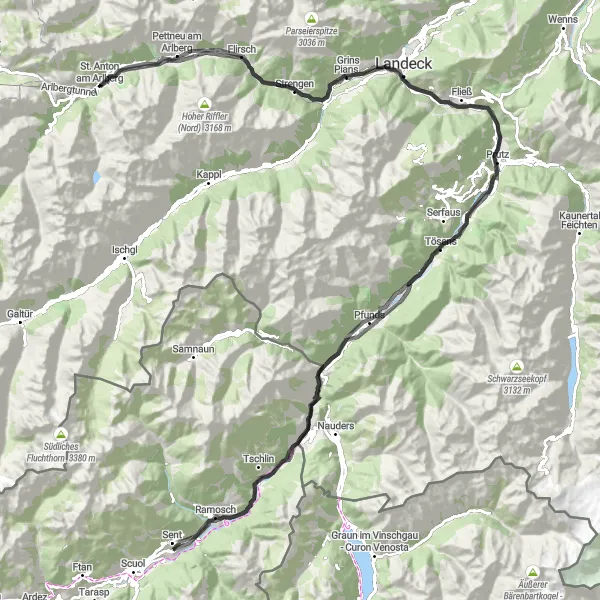 Miniatua del mapa de inspiración ciclista "Ruta de St Anton am Arlberg a Pettneu am Arlberg" en Tirol, Austria. Generado por Tarmacs.app planificador de rutas ciclistas