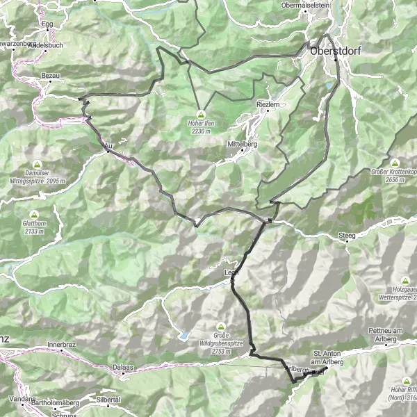 Karttaminiaatyyri "Vuorten Polkuja ja Solia" pyöräilyinspiraatiosta alueella Tirol, Austria. Luotu Tarmacs.app pyöräilyreittisuunnittelijalla