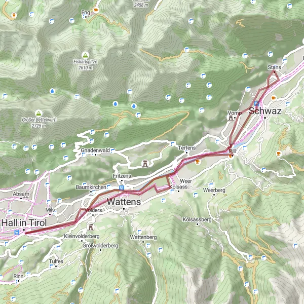 Zemljevid v pomanjšavi "Odkrivanje skritih kotičkov Tirolske" kolesarske inspiracije v Tirol, Austria. Generirano z načrtovalcem kolesarskih poti Tarmacs.app
