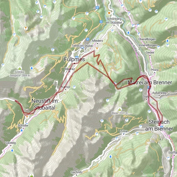 Miniaturní mapa "Stubaier Alpen Gravel Bike Route" inspirace pro cyklisty v oblasti Tirol, Austria. Vytvořeno pomocí plánovače tras Tarmacs.app
