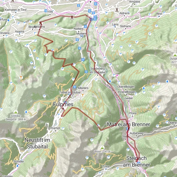 Miniatura mapy "Trasa gravelowa przez Matrei am Brenner - Waldraster Jöchl - Telfes im Stubai - Pfriemeswand - Völs - Bergisel - Europa bridge view - Mühlbachl - Mauern" - trasy rowerowej w Tirol, Austria. Wygenerowane przez planer tras rowerowych Tarmacs.app