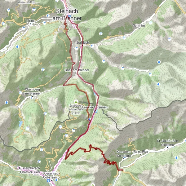 Miniatura mapy "Trasa gravelowa przez Vinaders - Kerschbaumerberg - Schlüsseljoch - Passo della Chiave - Fußendraß - Fossa Trues - Eisackfall - Cascata dell’Isarco - Brenner Pass - Stafflach" - trasy rowerowej w Tirol, Austria. Wygenerowane przez planer tras rowerowych Tarmacs.app