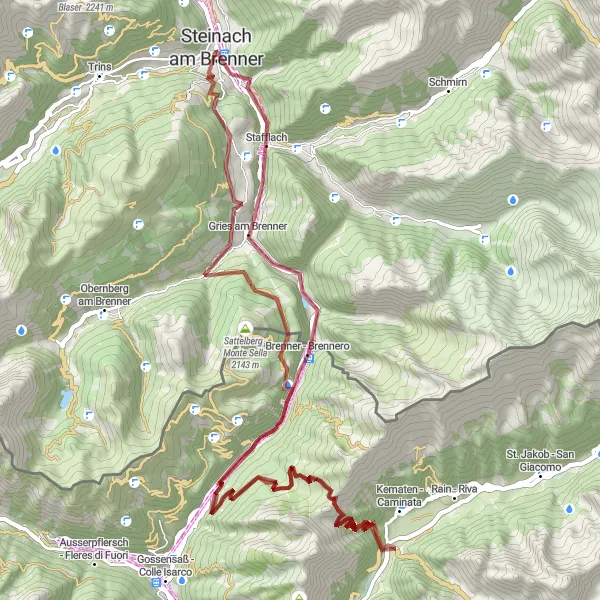 Miniatura della mappa di ispirazione al ciclismo "Sentiero della Cascata del Brennero" nella regione di Tirol, Austria. Generata da Tarmacs.app, pianificatore di rotte ciclistiche