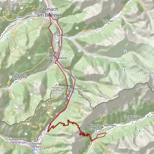 Zemljevid v pomanjšavi "Gravel kolesarska pot okoli Steinach am Brenner" kolesarske inspiracije v Tirol, Austria. Generirano z načrtovalcem kolesarskih poti Tarmacs.app