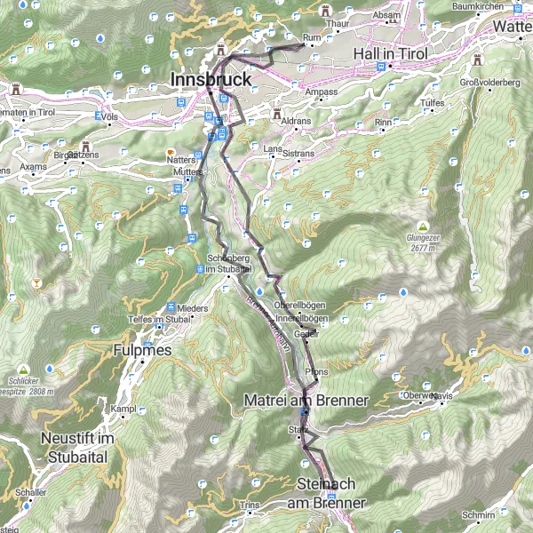 Map miniature of "Steinach am Brenner to Innsbruck Loop" cycling inspiration in Tirol, Austria. Generated by Tarmacs.app cycling route planner
