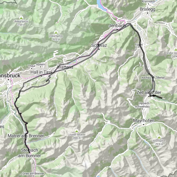 Zemljevid v pomanjšavi "Krožna kolesarska pot skozi Tirolsko" kolesarske inspiracije v Tirol, Austria. Generirano z načrtovalcem kolesarskih poti Tarmacs.app