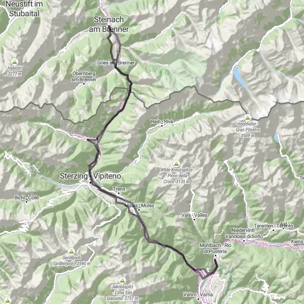 Miniatua del mapa de inspiración ciclista "Ruta del Brennero" en Tirol, Austria. Generado por Tarmacs.app planificador de rutas ciclistas