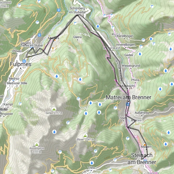 Miniatuurkaart van de fietsinspiratie "Mützens en Mauern Wegwielerroute" in Tirol, Austria. Gemaakt door de Tarmacs.app fietsrouteplanner