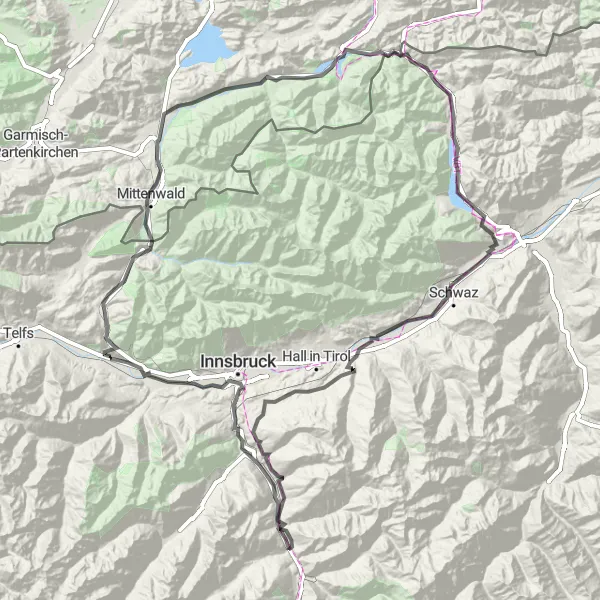 Zemljevid v pomanjšavi "Grandiozna kolesarska dogodivščina po Tirolski" kolesarske inspiracije v Tirol, Austria. Generirano z načrtovalcem kolesarskih poti Tarmacs.app