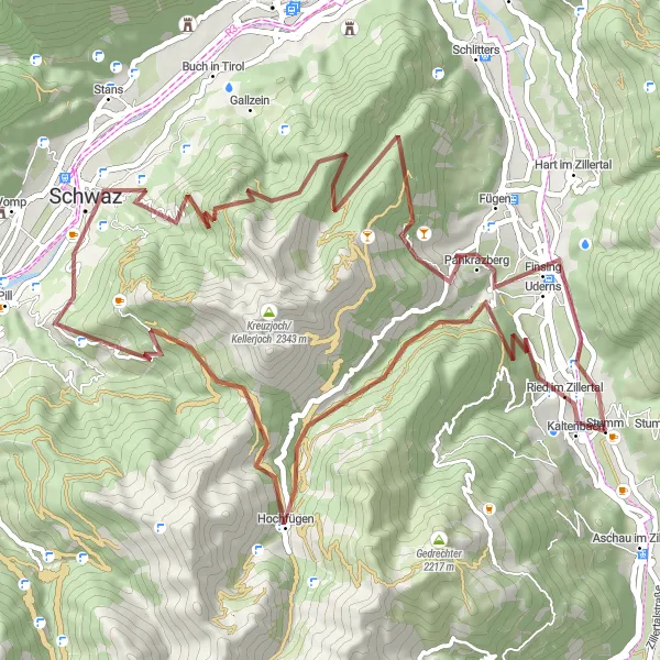 Karttaminiaatyyri "Zillertalin haastava maastopyöräreitti" pyöräilyinspiraatiosta alueella Tirol, Austria. Luotu Tarmacs.app pyöräilyreittisuunnittelijalla